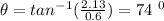 \theta = tan^{-1} (\frac{2.13}{0.6} )= 74 \ ^0