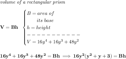 \bf \textit{volume of a rectangular prism}\\\\&#10;V=Bh~~&#10;\begin{cases}&#10;B=area~of\\&#10;\qquad its~base\\&#10;h=height\\&#10;-----------\\&#10;V=16y^4+16y^3+48y^2&#10;\end{cases}&#10;\\\\\\&#10;16y^4+16y^3+48y^2=Bh\implies 16y^2(y^2+y+3)=Bh