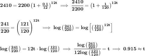 \bf 2410=2200\left(1+\frac{0.1}{12}\right)^{12t}\implies \cfrac{2410}{2200}=\left(1+\frac{1}{120}  \right)^{12t}&#10;\\\\\\&#10;\cfrac{241}{220}=\left(\cfrac{121}{120}  \right)^{12t}\implies log\left( \frac{241}{220} \right)=log\left[ \left(\frac{121}{120}  \right)^{12t} \right]\\\\\\&#10;log\left( \frac{241}{220} \right)=12t\cdot  log\left(\frac{121}{120}  \right)\implies &#10;\cfrac{log\left( \frac{241}{220} \right)}{12  log\left(\frac{121}{120}  \right)}=t\implies 0.915 \approx t