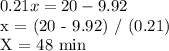 0.21x = 20 - 9.92&#10;&#10;x = (20 - 9.92) / (0.21)&#10;&#10;X = 48 min