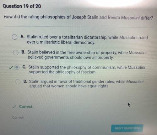 How did the ruling philosophies of joseph stalin and benito mussolini differ?   a. stalin believed i