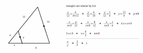 In the figure the segment is parallel to one side of the triangle. the ratio of x to y