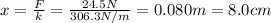 x= \frac{F}{k}= \frac{24.5 N}{306.3 N/m}=0.080 m=8.0 cm