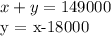 x + y = 149000&#10;&#10;y = x-18000