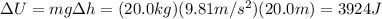\Delta U=mg \Delta h=(20.0 kg)(9.81 m/s^2)(20.0 m)=3924 J