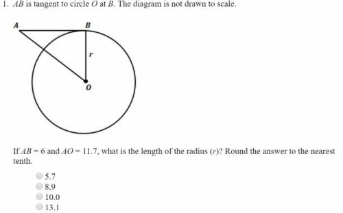 1. ab is tangent to circle o at b. the diagram is not drawn to scale. if ab = 6 and ao = 11.7, what