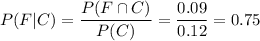P(F|C)=\dfrac{P(F\cap C)}{P(C)}=\dfrac{0.09}{0.12}=0.75