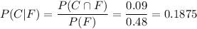 P(C|F)=\dfrac{P(C\cap F)}{P(F)}=\dfrac{0.09}{0.48}=0.1875