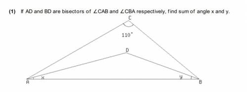 If ad and bd are bisectors of cab and cba respectively. find the sum of angles x and y.