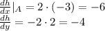 \frac{dh}{dx} |_A=2\cdot (-3)=-6 \\  \frac{dh}{dy} =-2\cdot 2=-4