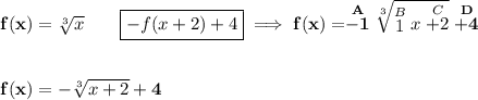 \bf f(x)=\sqrt[3]{x}\qquad \boxed{-f(x+2)+4}\implies f(x)=\stackrel{A}{-1}\sqrt[3]{\stackrel{B}{1}x\stackrel{C}{+2}}\stackrel{D}{+4}\qquad &#10;\\\\\\&#10;f(x)=-\sqrt[3]{x+2}+4