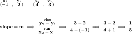 \bf (\stackrel{x_1}{-1}~,~\stackrel{y_1}{2})\qquad &#10;(\stackrel{x_2}{4}~,~\stackrel{y_2}{3})&#10;\\\\\\&#10;% slope  = m&#10;slope =  m\implies &#10;\cfrac{\stackrel{rise}{ y_2- y_1}}{\stackrel{run}{ x_2- x_1}}\implies \cfrac{3-2}{4-(-1)}\implies \cfrac{3-2}{4+1}\implies \cfrac{1}{5}