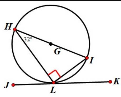 The figure shows secants lh and li and tangent jk intersecting at point l. hil is a right triangle.