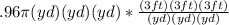 .96 \pi (yd)(yd)(yd)* \frac{(3ft)(3ft)(3ft)}{(yd)(yd)(yd)}