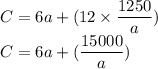 C=6a+(12 \times \dfrac{1250}{a} )\\C=6a+(\dfrac{15000}{a} )