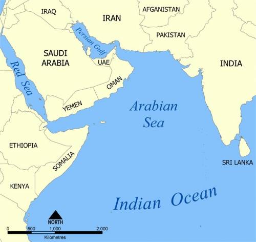 Where is the arabian sea located on the map above?  a. letter a b. letter b c. letter c d. letter d