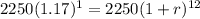 2250(1.17)^1=2250(1+r)^{12}
