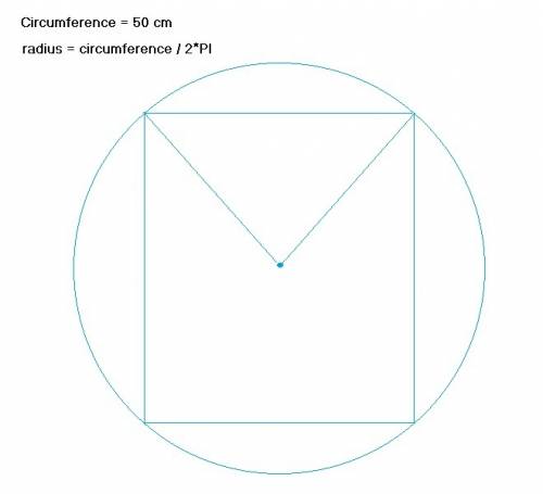 The circumference of a circle is 50 cm. determine the length of a side of a square inscribed this ci