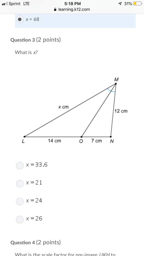 What is x?  triangle l m n has a lie segment going from point m to point o,