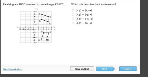 Which rule describes the transformation?  parallelogram abcd is rotated to create image
