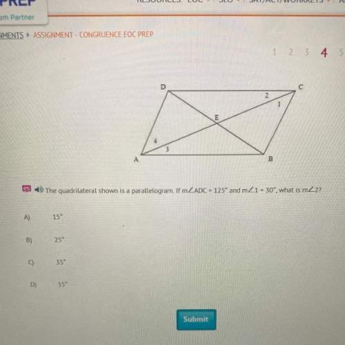 The quadrilateral shown is a parallelogram. if mzadc = 125° and mz1 - 30°, what is mz2?  submi