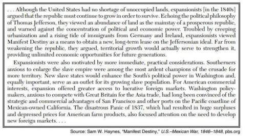 According to sam w. haynes, what were two reasons for united states expansion in the 1840s? &lt;