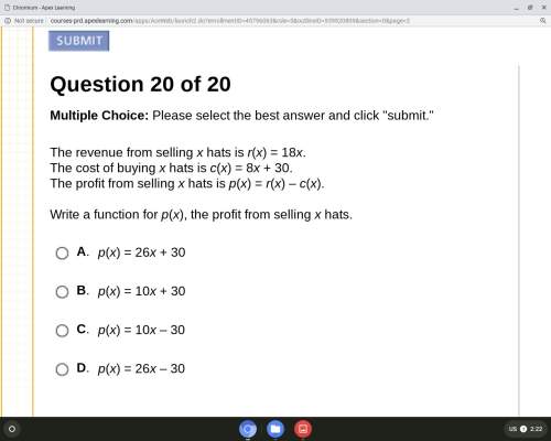 The revenue from selling x hats is r(x)=18x the cost of buying x hats is c(x)=8x+30. the profit from