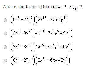 What is the factored form of 8x24-27y6