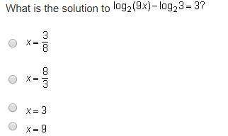 What is the solution to log subscript 2 baseline (9 x) minus log subscript 2 baseline 3 = 3