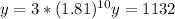 y = 3 * (1.81) ^ {10}   y = 1132
