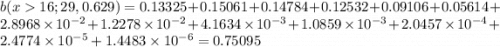 b(x16;29,0.629)=0.13325+0.15061+0.14784+0.12532+0.09106+0.05614+2.8968\times10^{-2}+1.2278\times10^{-2}+4.1634\times10^{-3}+1.0859\times10^{-3}+2.0457\times10^{-4}+2.4774\times10^{-5}+1.4483\times10^{-6}=0.75095
