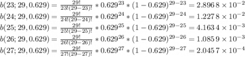 b(23;29,0.629)=\frac{29!}{23!(29-23)!}\ast0.629^{23}\ast(1-0.629)^{29-23}=2.896\,8\times10^{-2} \\ b(24;29,0.629)=\frac{29!}{24!(29-24)!}\ast0.629^{24}\ast(1-0.629)^{29-24}=1.227\,8\times10^{-2}\\ b(25;29,0.629)=\frac{29!}{25!(29-25)!}\ast0.629^{25}\ast(1-0.629)^{29-25}=4.163\,4\times10^{-3} \\ b(26;29,0.629)=\frac{29!}{26!(29-26)!}\ast0.629^{26}\ast(1-0.629)^{29-26}=1.085\,9\times10^{-3} \\ b(27;29,0.629)=\frac{29!}{27!(29-27)!}\ast0.629^{27}\ast(1-0.629)^{29-27}=2.045\,7\times10^{-4}