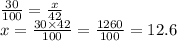 \frac{30}{100}  =  \frac{x}{42}  \\ x =  \frac{30 \times 42}{100}  =  \frac{1260}{100}  = 12.6