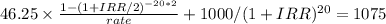 46.25 \times \frac{1-(1+IRR/2)^{-20*2} }{rate} + 1000/(1+IRR)^{20}= 1075\\