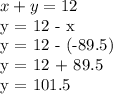 x + y = 12&#10;&#10;y = 12 - x&#10;&#10;y = 12 - (-89.5)&#10;&#10;y = 12 + 89.5&#10;&#10;y = 101.5