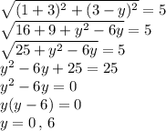 \sqrt{(1+3)^2+(3-y)^2}=5\\\sqrt{16+9+y^2-6y}=5\\\sqrt{25+y^2-6y}=5\\y^2-6y+25=25\\y^2-6y=0\\y(y-6)=0\\y=0\,,\,6