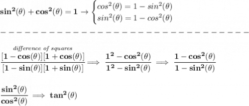 \bf sin^2(\theta)+cos^2(\theta)=1\to &#10;\begin{cases}&#10;cos^2(\theta)=1-sin^2(\theta)\\&#10;sin^2(\theta)=1-cos^2(\theta)&#10;\end{cases} \\\\&#10;-------------------------------\\\\&#10;\stackrel{\textit{difference of squares}}{\cfrac{[1-cos(\theta )][1+cos(\theta )]}{[1-sin(\theta )][1+sin(\theta )]}}\implies \cfrac{1^2-cos^2(\theta )}{1^2-sin^2(\theta )}\implies \cfrac{1-cos^2(\theta )}{1-sin^2(\theta )}&#10;\\\\\\&#10;\cfrac{sin^2(\theta )}{cos^2(\theta )}\implies tan^2(\theta )
