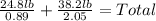 \frac{24.8 lb}{0.89} + \frac{38.2 lb}{2.05} = Total