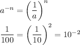 a^{-n}=\left(\dfrac{1}{a}\right)^n\\\\\dfrac{1}{100}=\left(\dfrac{1}{10}\right)^2=10^{-2}