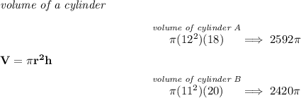 \bf \textit{volume of a cylinder}\\\\&#10;V=\pi r^2 h\qquad \qquad \qquad \qquad &#10;\begin{array}{llll}&#10;\stackrel{\textit{volume of cylinder A}}{\pi(12^2)(18) }\implies 2592\pi &#10;\\\\\\&#10;\stackrel{\textit{volume of cylinder B}}{\pi(11^2)(20) }\implies 2420\pi &#10;\end{array}