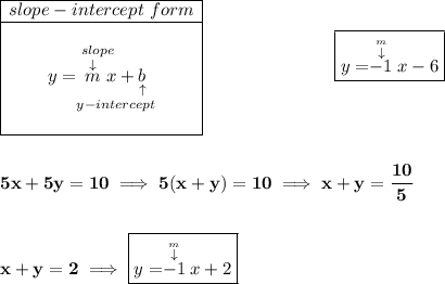 \bf \begin{array}{|c|ll} \cline{1-1} slope-intercept~form\\ \cline{1-1} \\ y=\underset{y-intercept}{\stackrel{slope\qquad }{\stackrel{\downarrow }{m}x+\underset{\uparrow }{b}}} \\\\ \cline{1-1} \end{array}~\hspace{7em}\boxed{y=\stackrel{\stackrel{m}{\downarrow }}{-1}x-6} \\\\\\ 5x+5y=10\implies 5(x+y)=10\implies x+y=\cfrac{10}{5} \\\\\\ x+y=2 \implies \boxed{y=\stackrel{\stackrel{m}{\downarrow }}{-1}x+2}