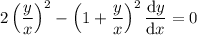 2\left(\dfrac yx\right)^2-\left(1+\dfrac yx\right)^2\dfrac{\mathrm dy}{\mathrm dx}=0