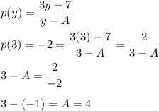 p(y)=\dfrac{3y-7}{y-A}\\\\p(3)=-2=\dfrac{3(3)-7}{3-A}=\dfrac{2}{3-A}\\\\3-A=\dfrac{2}{-2}\\\\3-(-1)=A=4