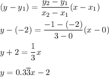 (y - y_1) = \dfrac{y_2 - y_1}{x_2 - x_1} (x -x_1)\\\\y - (-2) = \dfrac{-1 - (-2)}{3-0}(x - 0)\\\\y + 2 = \dfrac{1}{3}x\\\\y = 0.3\overline{3}x - 2
