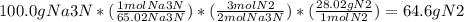 100.0g Na3N *  (\frac{1mol Na3N}{65.02 Na3N}) * ( \frac{3mol N2}{2mol Na3N}   ) * ( \frac{28.02g N2}{1mol N2} ) = 64.6 g N2