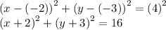 {(x - ( - 2))}^{2}  +  {(y - ( - 3))}^{2}  =  {(4)}^{2}  \\  {(x + 2)}^{2}  +  {(y + 3)}^{2}  = 16