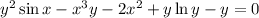 y^2\sin x-x^3y-2x^2+y\ln y-y=0