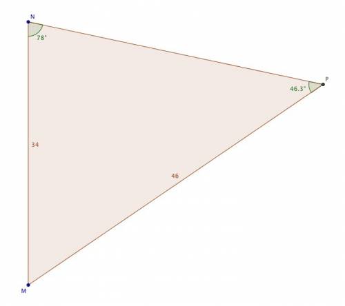 What is the measure of ∠p, to the nearest degree?  44° 72° a vertically-aligned scalene triangle m n