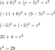 \rm  (x+6)^2+(y-5)^2=r^2\\\\  (-11+6)^2+(3-5)^2=r^2\\\\(-5)^2+(-2)^2=r^2\\\\25+4=r^2\\\\r^2=29\\