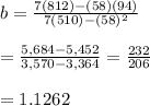 b= \frac{7(812)-(58)(94)}{7(510)-(58)^2} \\  \\ = \frac{5,684-5,452}{3,570-3,364} = \frac{232}{206}  \\  \\ =1.1262